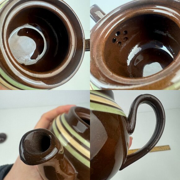 Vtg Single Serve Brown Genuine Old English Redware Teapot w Green Tan Stripes - Picture 6 of 13
